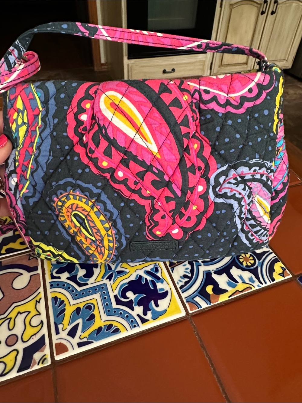 Vera Bradley Quilted Shoulder Bag in Black with Pink & Yellow Paisley